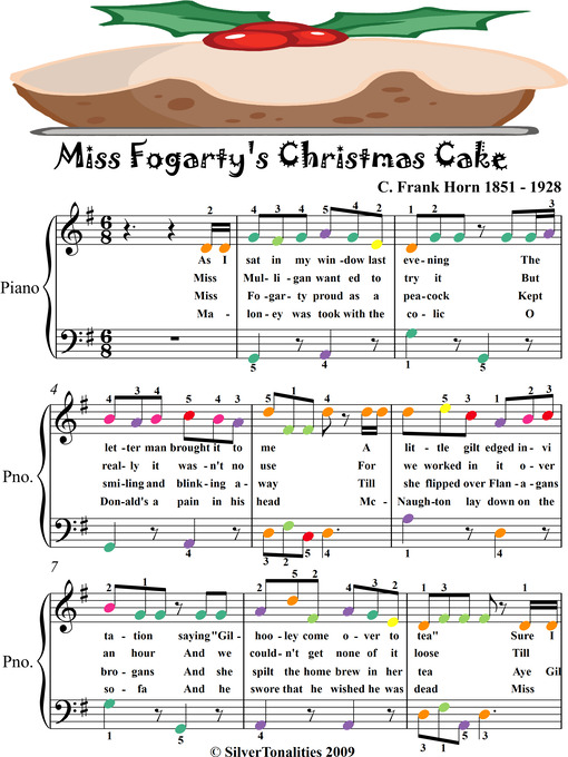 Cover image for Miss Fogarty's Christmas Cake Easy Piano Sheet Music with Colored Notes